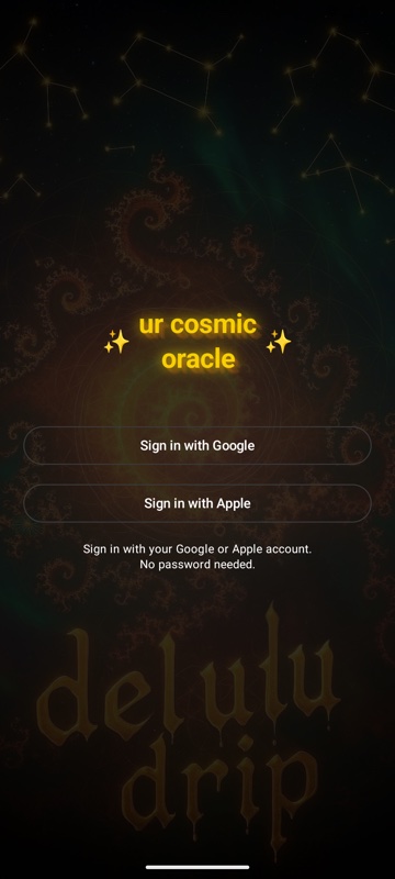 Sign-in screen with ur cosmic oracle wordmark and Google/Apple sign-in