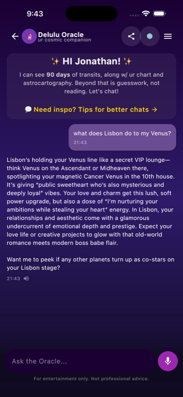 Oracle chat answering a question about astrocartography