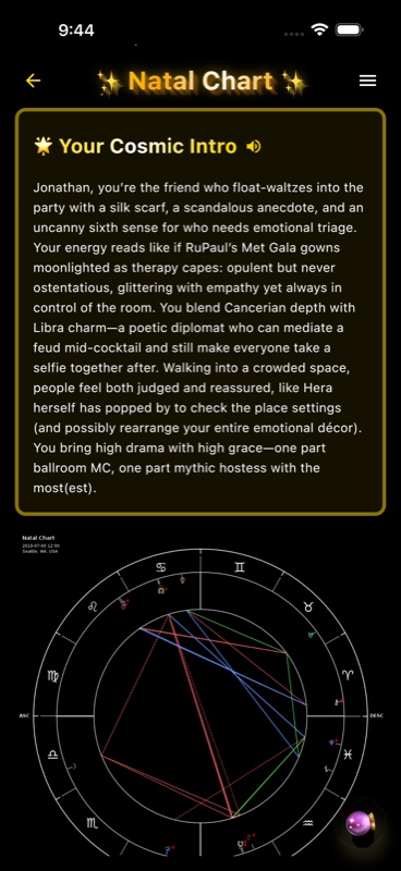 Natal chart with personalized cosmic intro